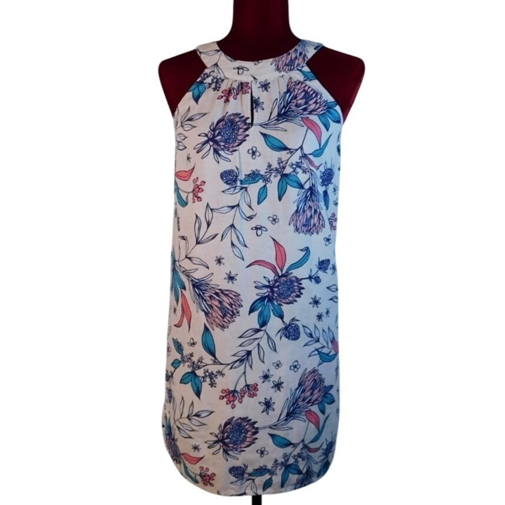 Rachel Ashwell Womens Floral Shift Dress 100 % Linen XS Off White with Flowers